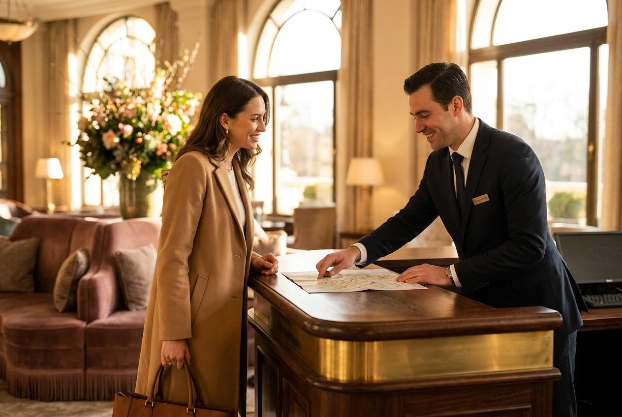 A hotel concierge and guest at a stylish front desk