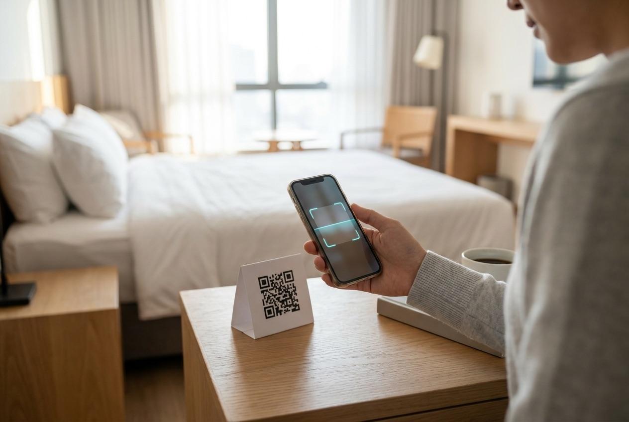 Hotel guest scanning a QR code to tip staff from a phone browser