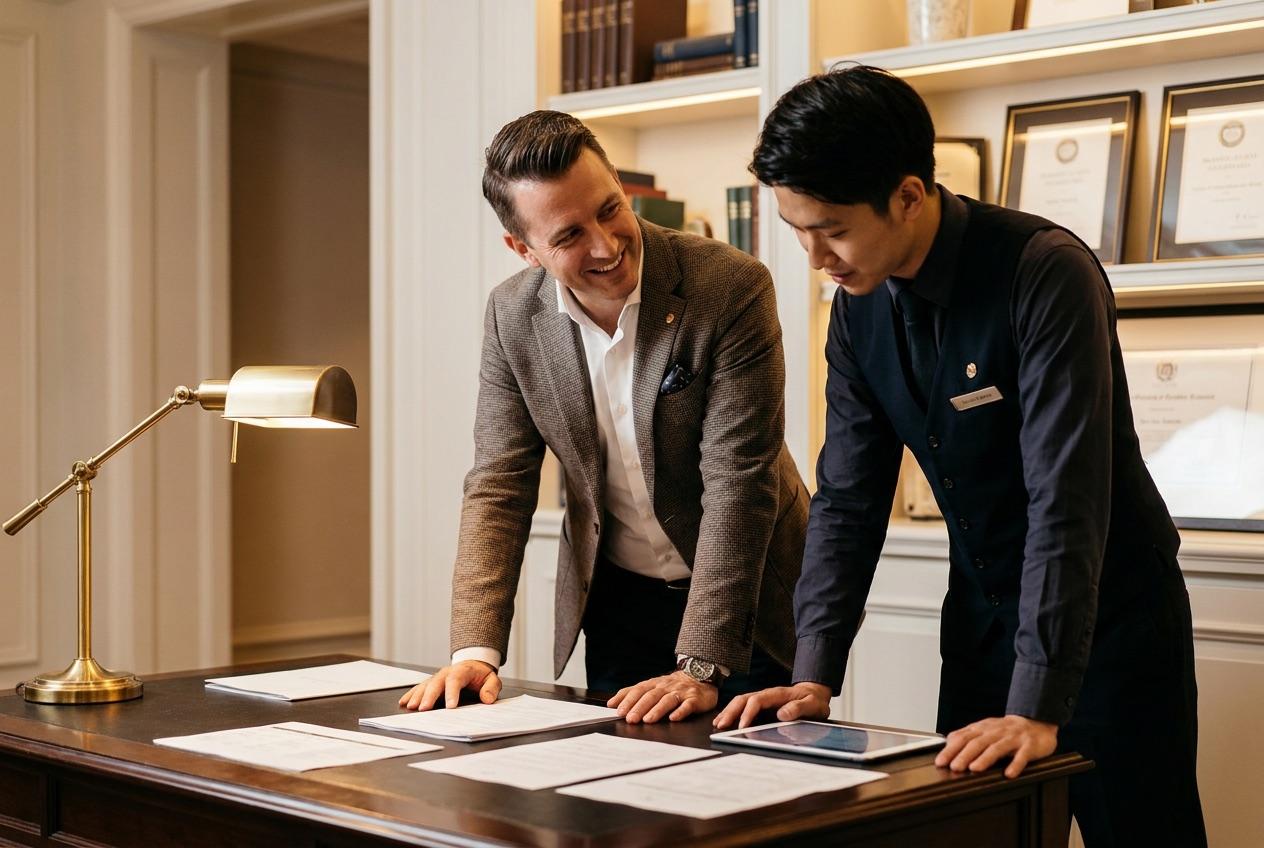 Hotel back-office staff reviewing digital tip payroll reports on a laptop