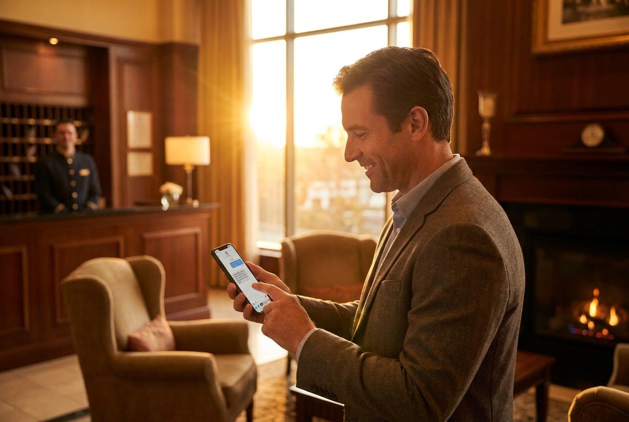 Hotel guest holding a phone, about to tap a text-message tipping link