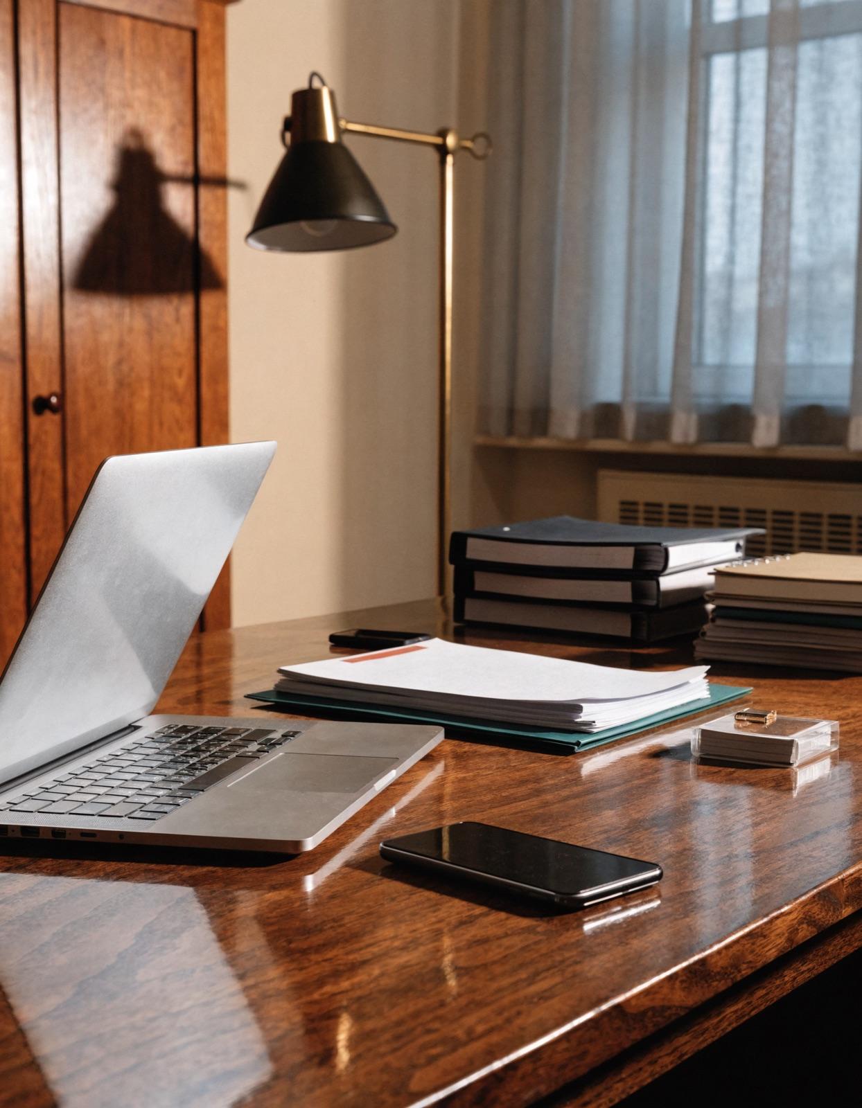 A hotel back-office desk with a laptop, document binders, and paperwork
