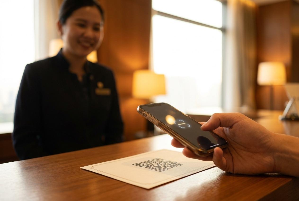 Hotel guest scanning a QR code to tip staff
