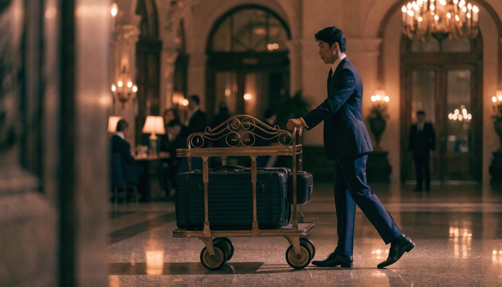 A hotel bellhop in uniform carrying luggage at the hotel entrance