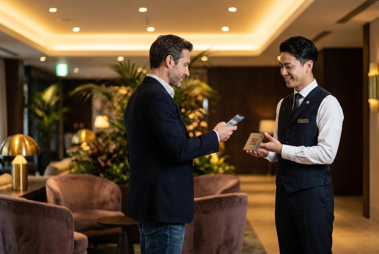Hotel guest using a phone to tip staff through digital tipping software