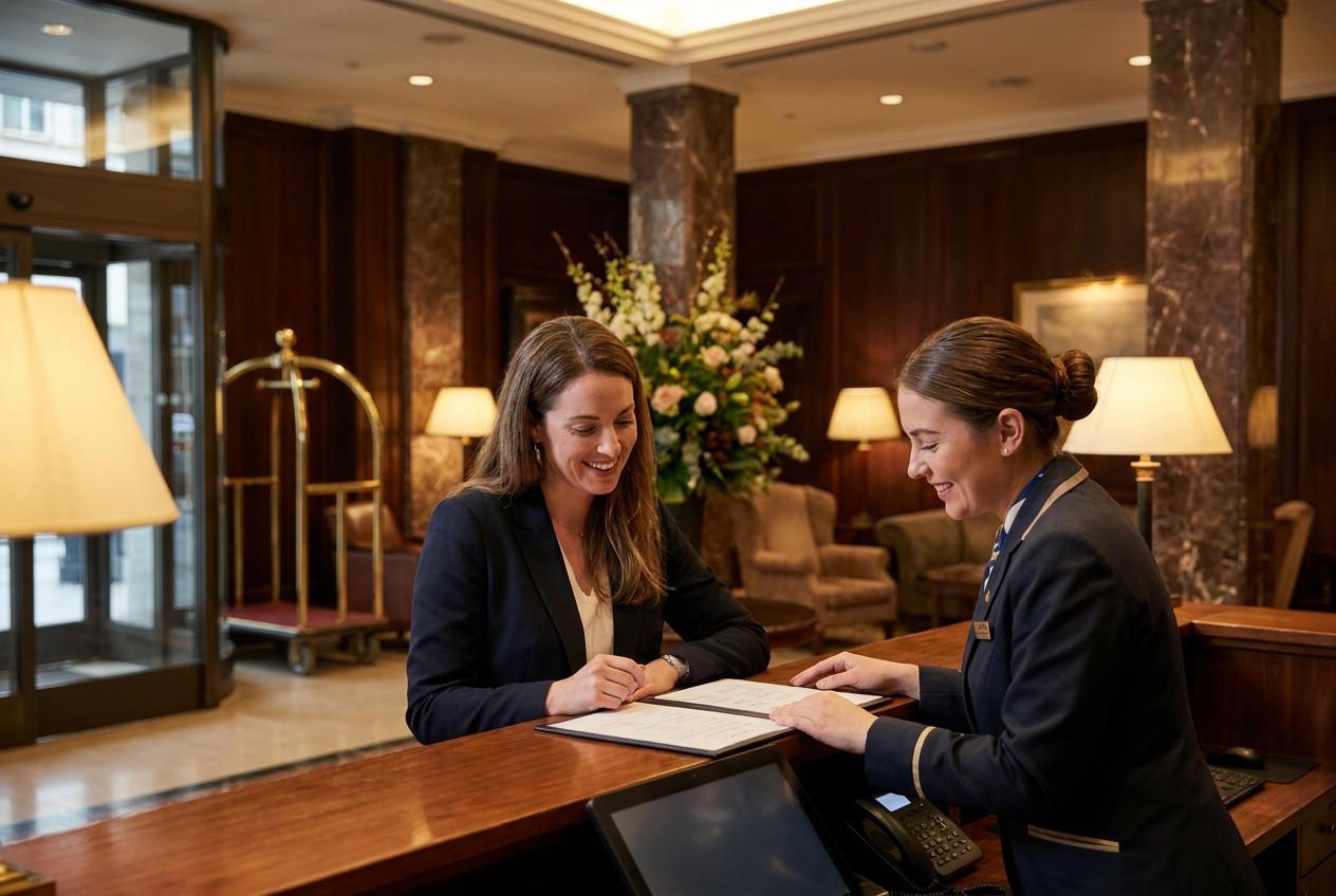 Hotel guest and receptionist reviewing a folio at checkout
