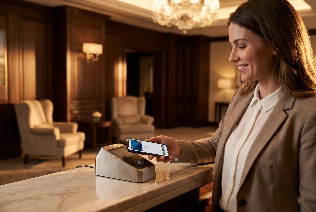 Hotel guest tipping a staff member with a digital wallet on their phone