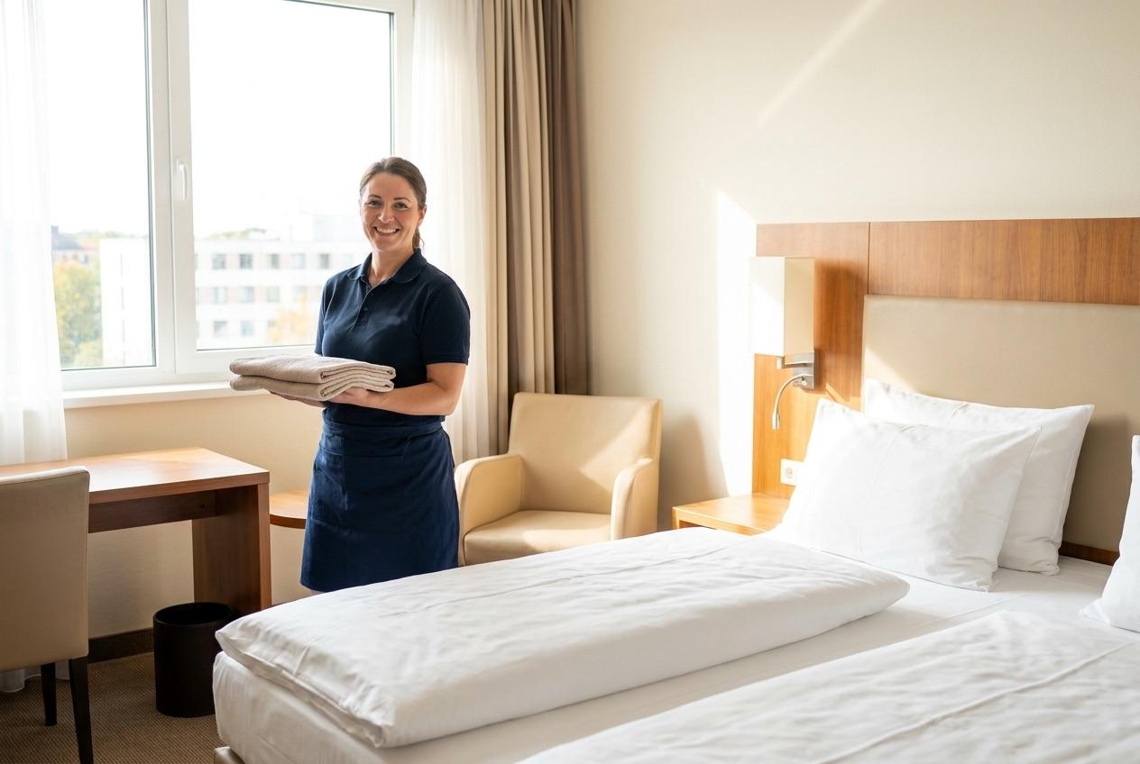 Hotel housekeeper and a QR code guests scan to tip room attendants