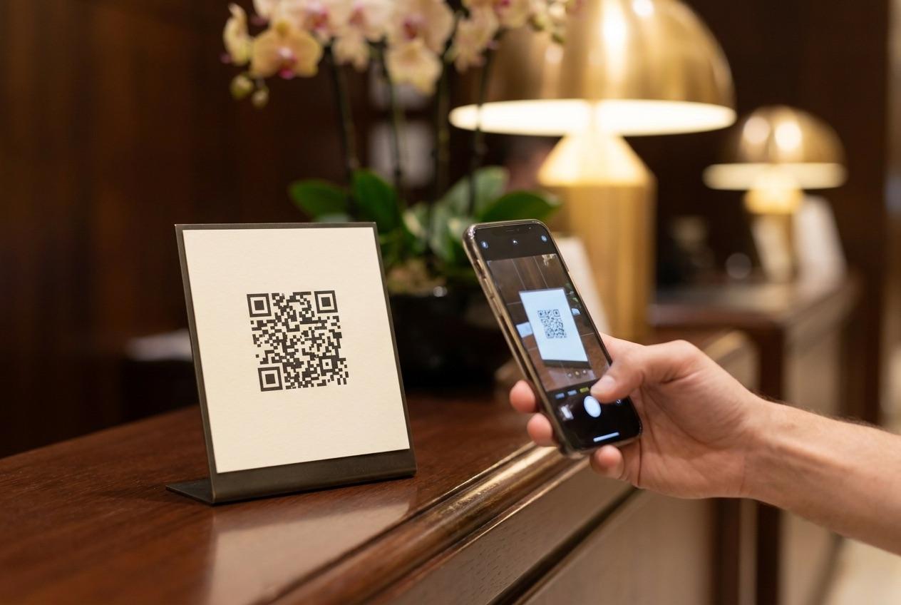 Hotel guest scanning a staff member's personal QR code to tip