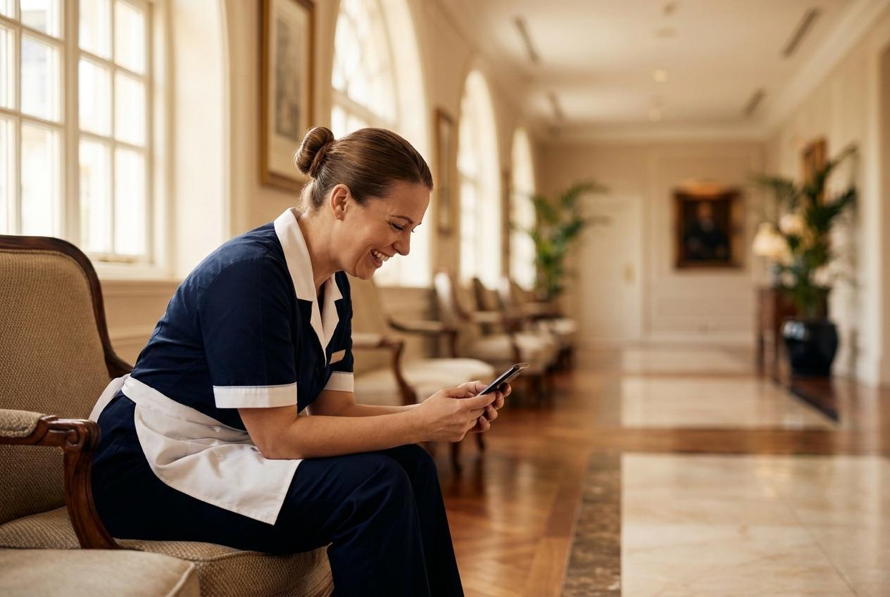 Hotel staff member reviewing their personal tip earnings on a phone
