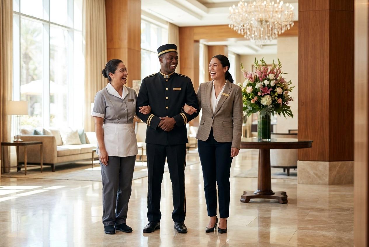 A hotel team standing together in a bright lobby