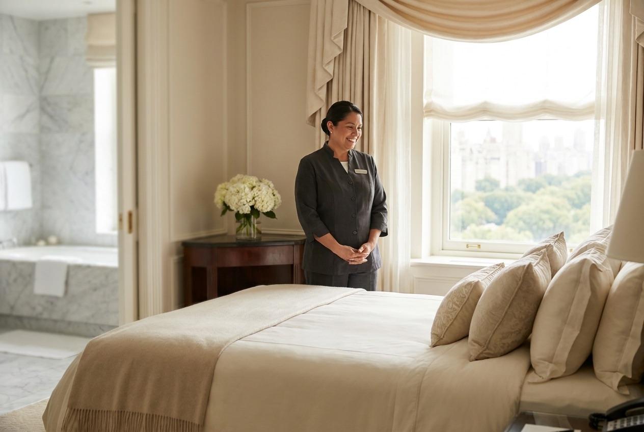 Hotel guest scanning a staff member's personal QR code to tip
