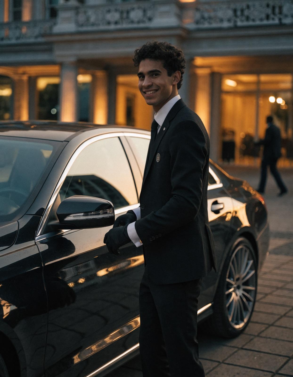 A hotel valet in uniform standing beside a car at the hotel entrance