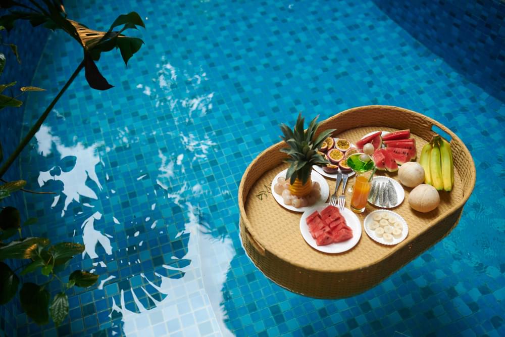 Variety of fruits and poolside